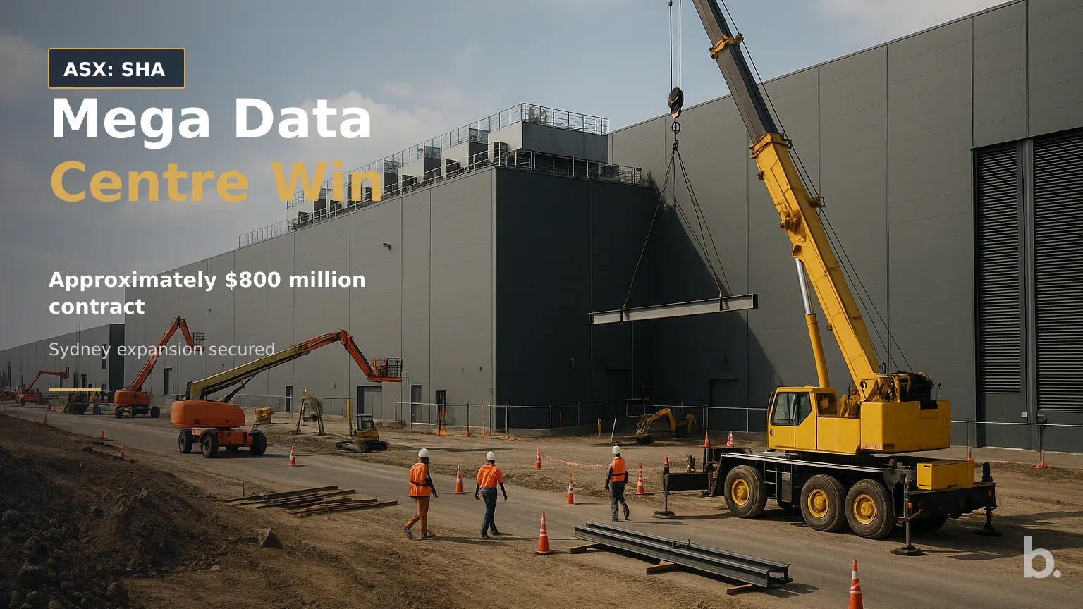 [ASX: SHA] SHAPE AUSTRALIA CORPORATION LIMITED a wide exterior view of a large operational data centre campus in Sydney, with construction crews,