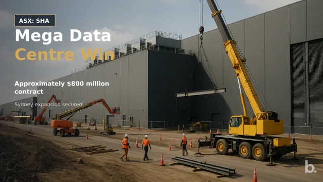 [ASX: SHA] SHAPE AUSTRALIA CORPORATION LIMITED a wide exterior view of a large operational data centre campus in Sydney, with construction crews,