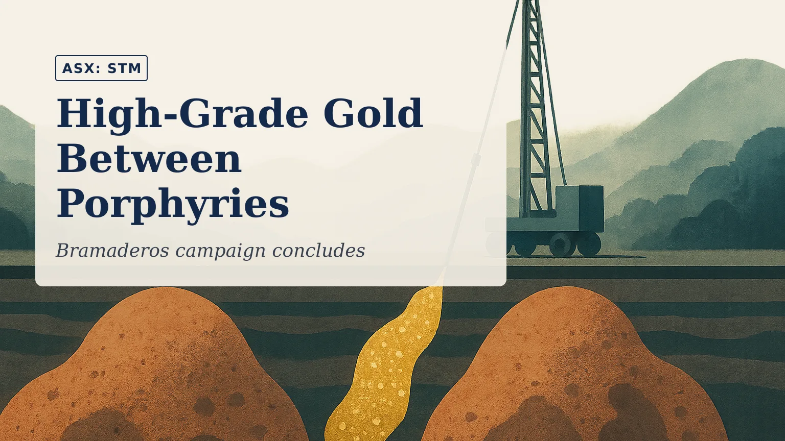 [ASX: STM] SUNSTONE METALS LTD a diamond drill rig working in a misty southern Ecuador valley, with a geological cutaway revealing a