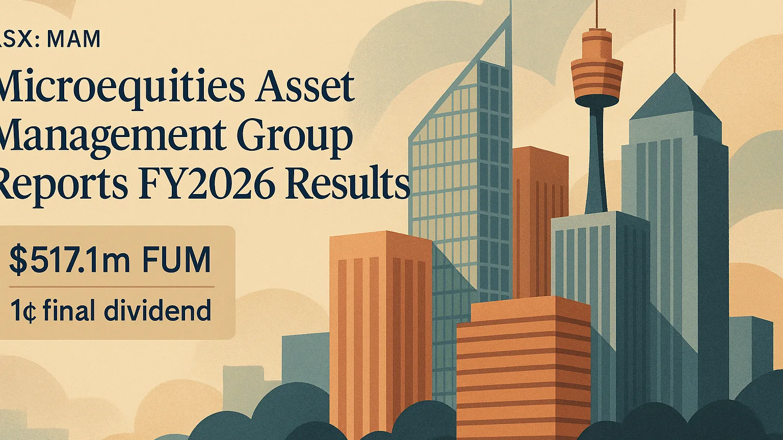Illustration of an editorial-style image of Sydney’s financial district overlaid with the figures “$517.1m FUM” and “1¢ final dividend” in restrained typ…