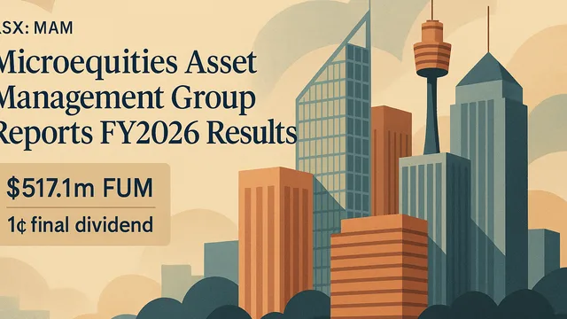 Illustration of an editorial-style image of Sydney’s financial district overlaid with the figures “$517.1m FUM” and “1¢ final dividend” in restrained typ…