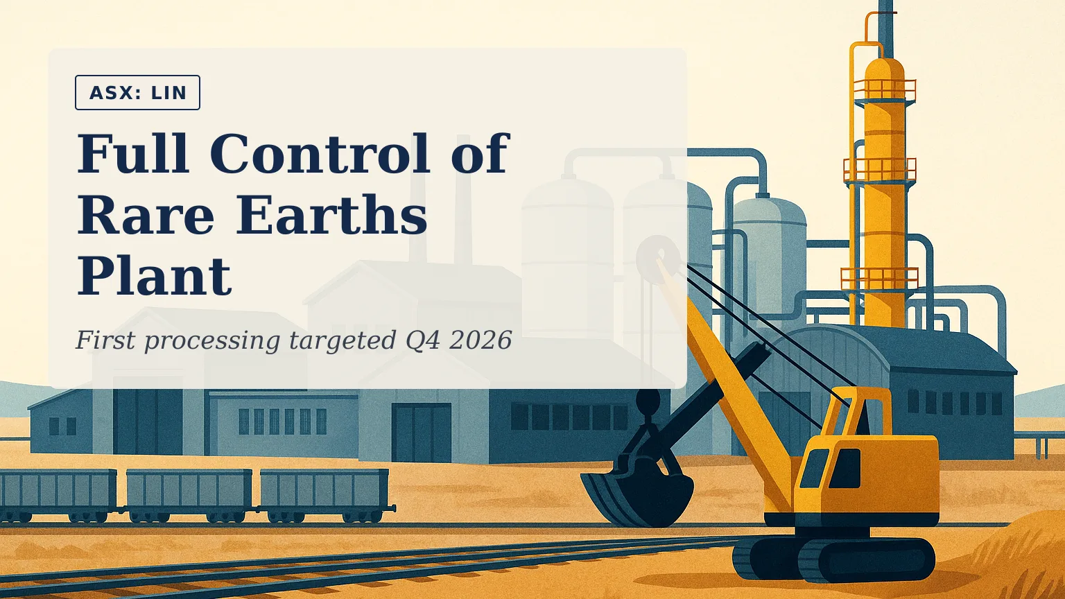 Illustration of a wide editorial view of an established rare earth processing complex in Kazakhstan, with rail sidings, storage tanks and processing hall…