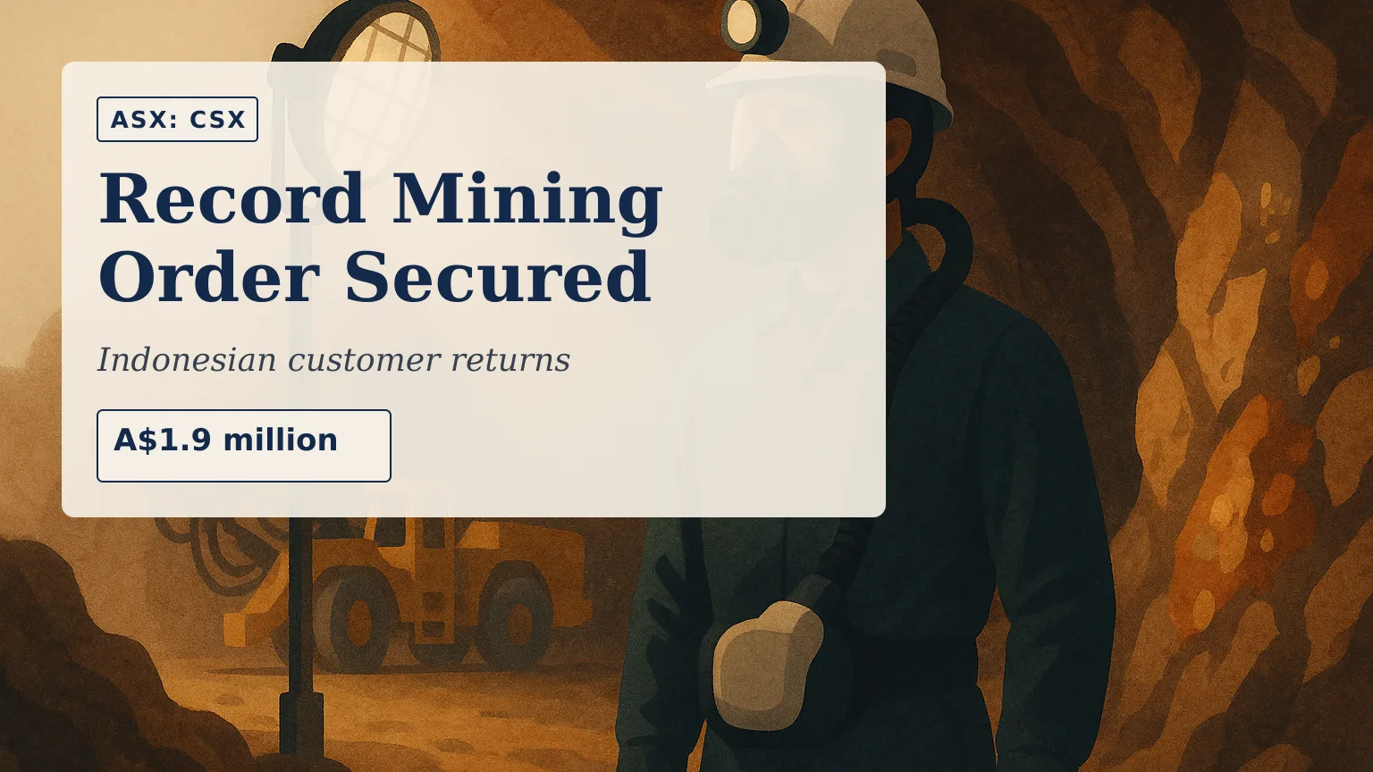 Illustration of an underground copper and gold mine where a worker wearing a powered respirator stands beneath dramatic industrial lighting, with machine…