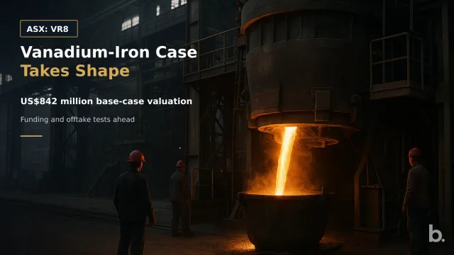 [ASX: VR8] VANADIUM RESOURCES LIMITED a large electric smelting furnace inside a heavy-industrial plant, with molten metal being tapped into a vessel