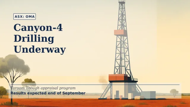 Illustration of a drilling rig operating on a remote Queensland plain under a clear blue sky, with red earth and sparse vegetation creating a crisp, docu…
