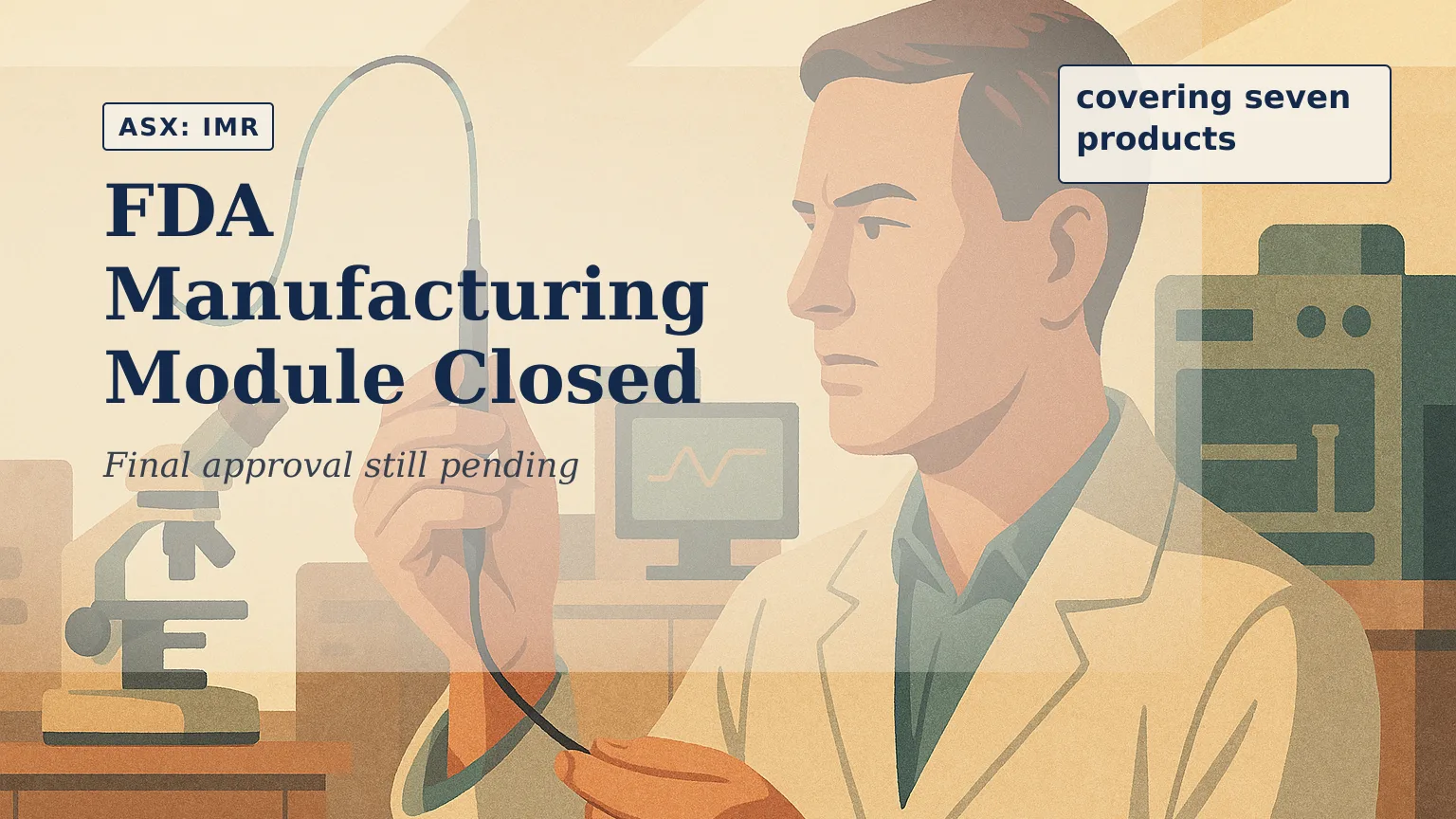 Illustration of a medical engineer inspecting an ablation catheter under bright laboratory lighting, with manufacturing equipment and quality-control ins…