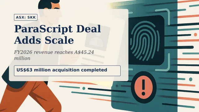 [ASX: SKK] STAKK LIMITED a digital document passing through layered biometric and fraud-detection checkpoints, surrounded by streams of data in a restrained