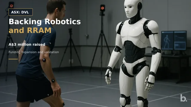 [ASX: DVL] DORSAVI LTD a humanoid robot beside a person wearing compact movement sensors in a biomechanics testing space, framed widely to