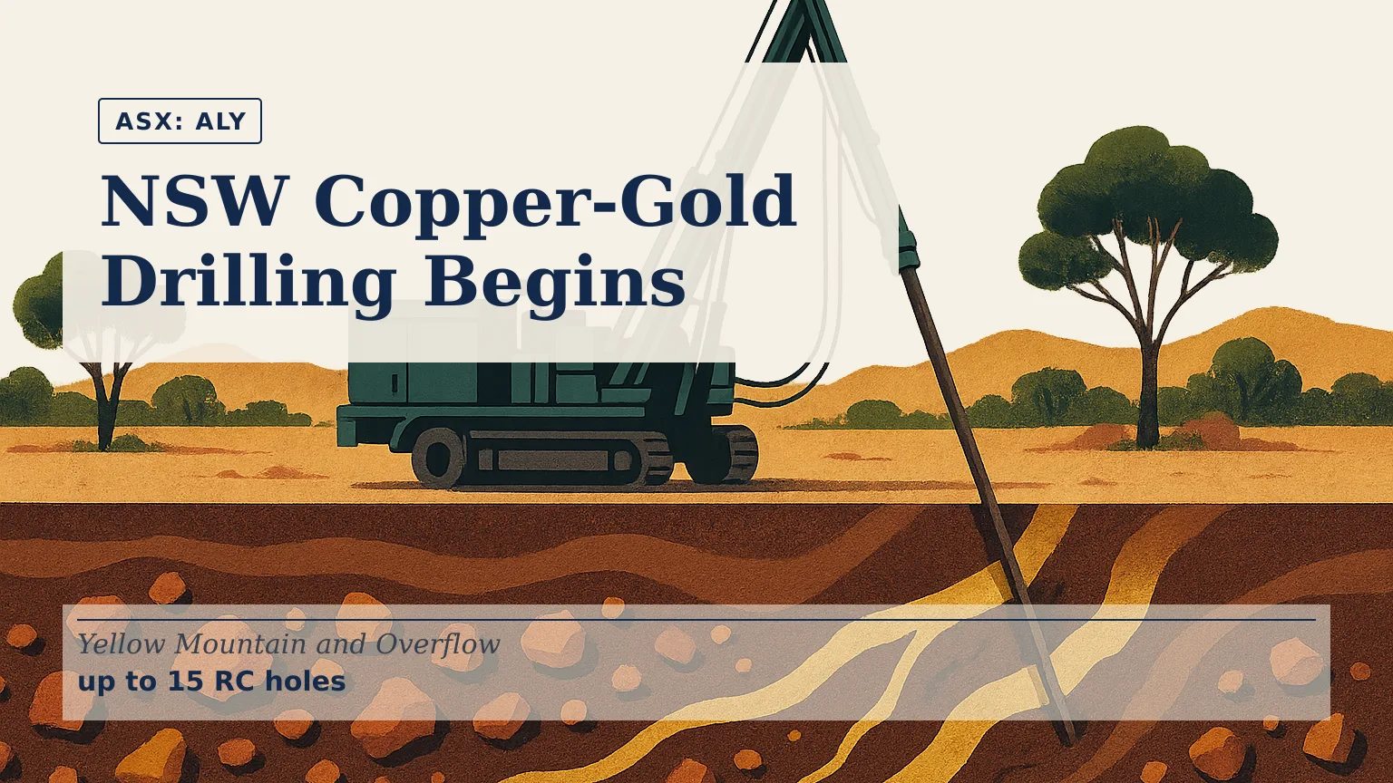 [ASX: ALY] ALCHEMY RESOURCES LIMITED a reverse-circulation drill rig operating in dry central New South Wales bushland, with copper-toned rock fragments and
