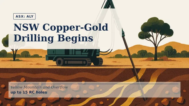 [ASX: ALY] ALCHEMY RESOURCES LIMITED a reverse-circulation drill rig operating in dry central New South Wales bushland, with copper-toned rock fragments and