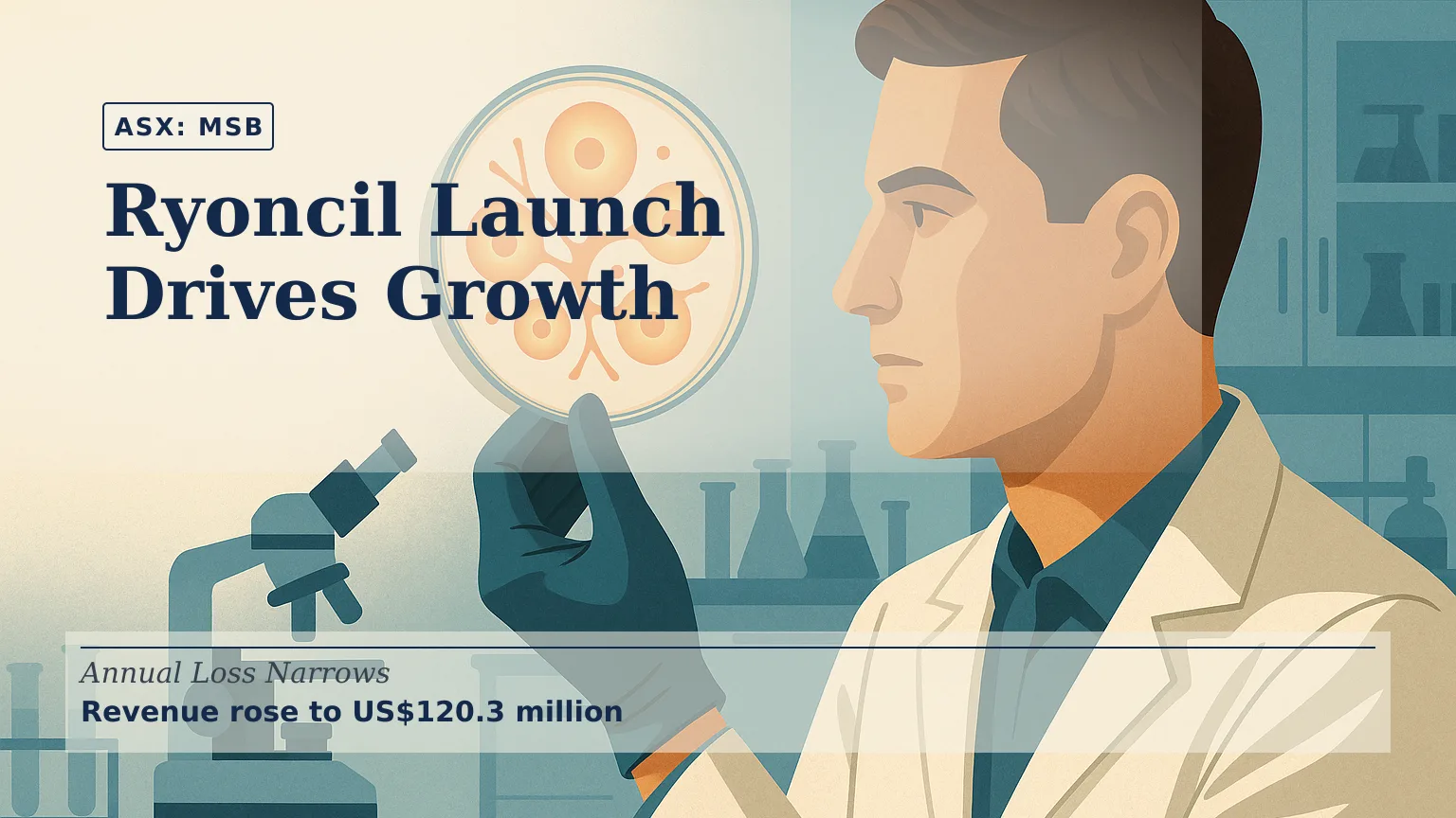 Illustration of a modern cellular-medicine laboratory with a scientist examining glowing stromal cells, set against a cool blue clinical environment with…