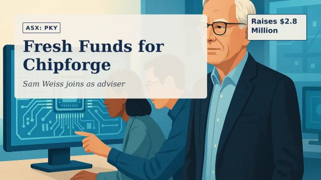 Illustration of a realistic editorial likeness of technology adviser Sam Weiss, guided by current public reference photographs, standing beside semicondu…