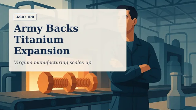 Illustration of a modern Virginia titanium plant interior with glowing continuous furnaces, metallic powder vessels and freshly formed fasteners moving t…