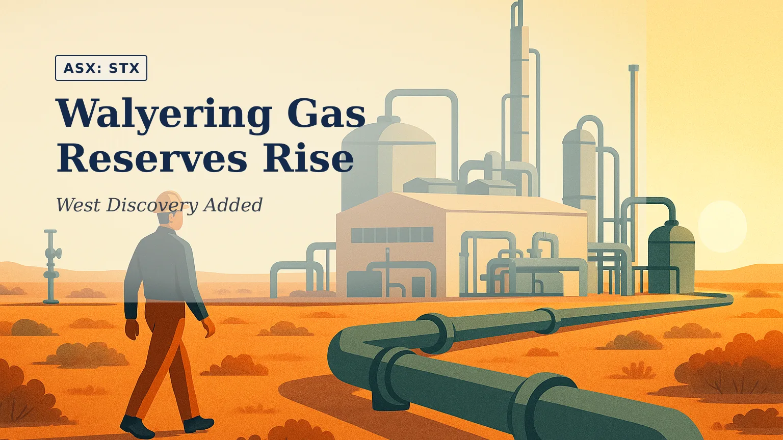Illustration of a Western Australian gas processing facility at dawn, with pipelines leading toward a nearby wellhead across dry scrubland