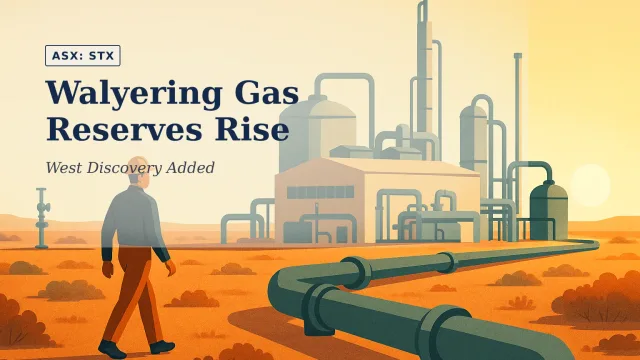 Illustration of a Western Australian gas processing facility at dawn, with pipelines leading toward a nearby wellhead across dry scrubland