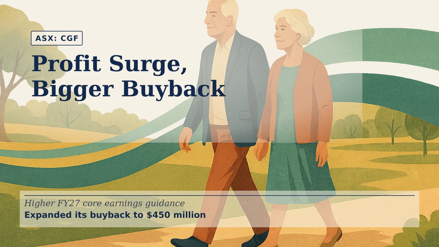 Illustration of a mature Australian couple walking through a sunlit park, with subtle flowing bands of blue and green suggesting dependable retirement in…