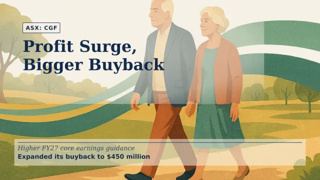 Illustration of a mature Australian couple walking through a sunlit park, with subtle flowing bands of blue and green suggesting dependable retirement in…