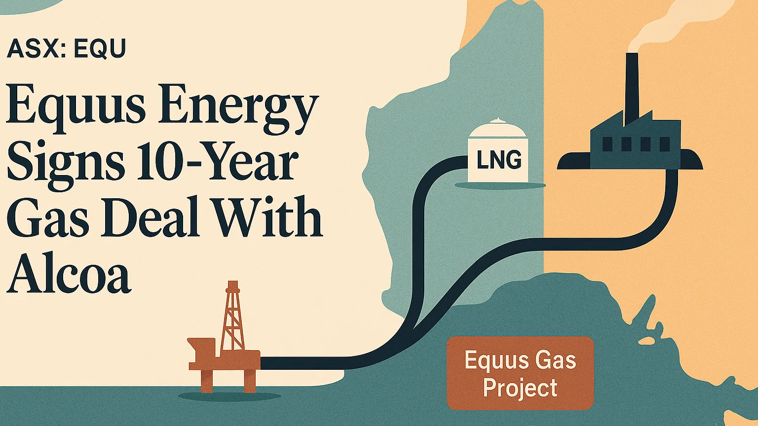 Illustration of an editorial-style map of Western Australia connecting the Equus Gas Project offshore to domestic industrial facilities and an LNG proces…