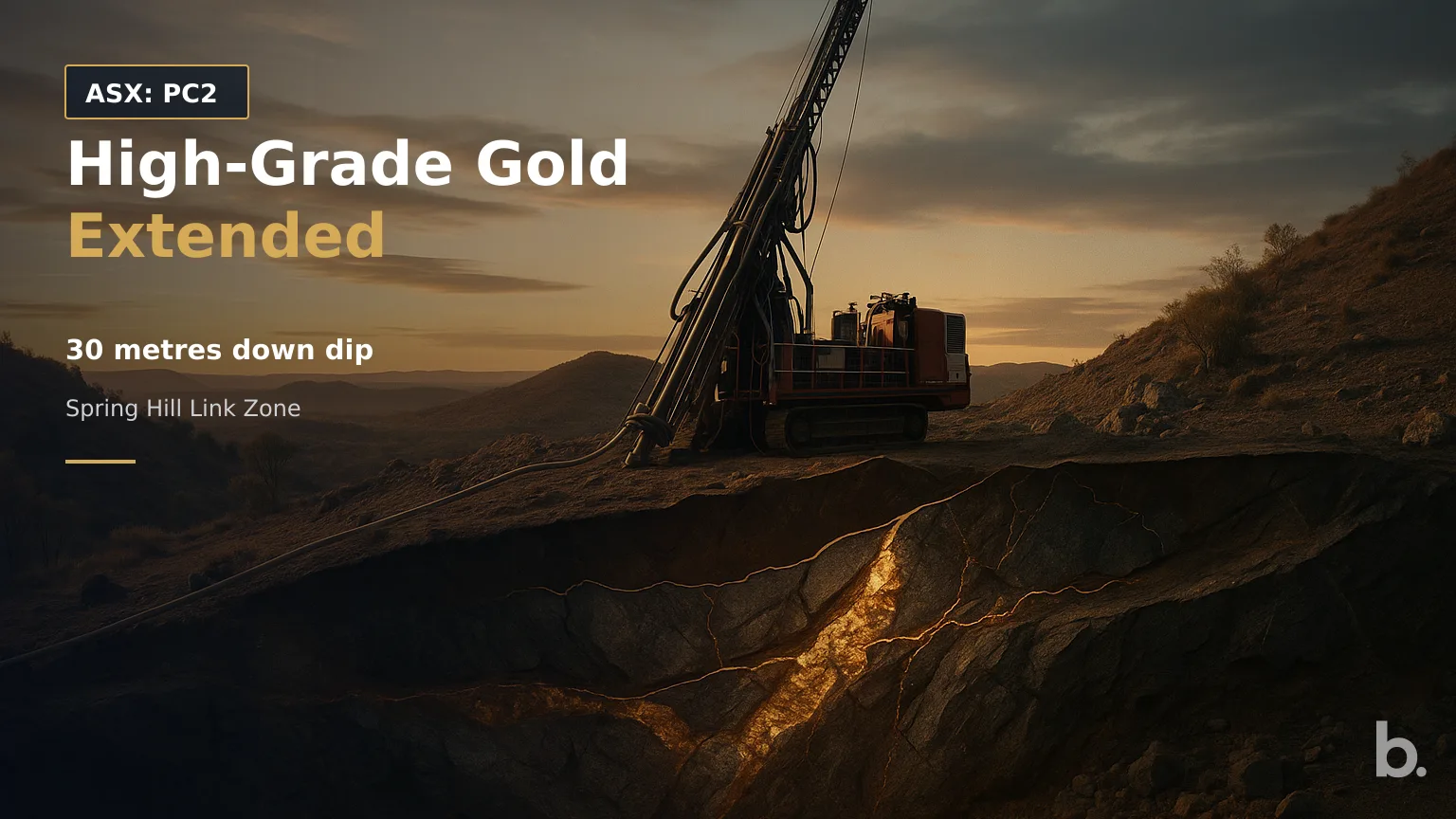 [ASX: PC2] PC GOLD LTD a diamond drill rig operating on a rugged Northern Territory hillside at dawn, with a geological cutaway