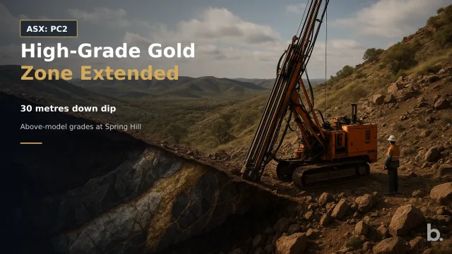 [ASX: PC2] PC GOLD LTD a diamond drill rig operating on a rugged Northern Territory hillside at dawn, with a geological cutaway
