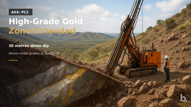 [ASX: PC2] PC GOLD LTD a diamond drill rig operating on a rugged Northern Territory hillside at dawn, with a geological cutaway
