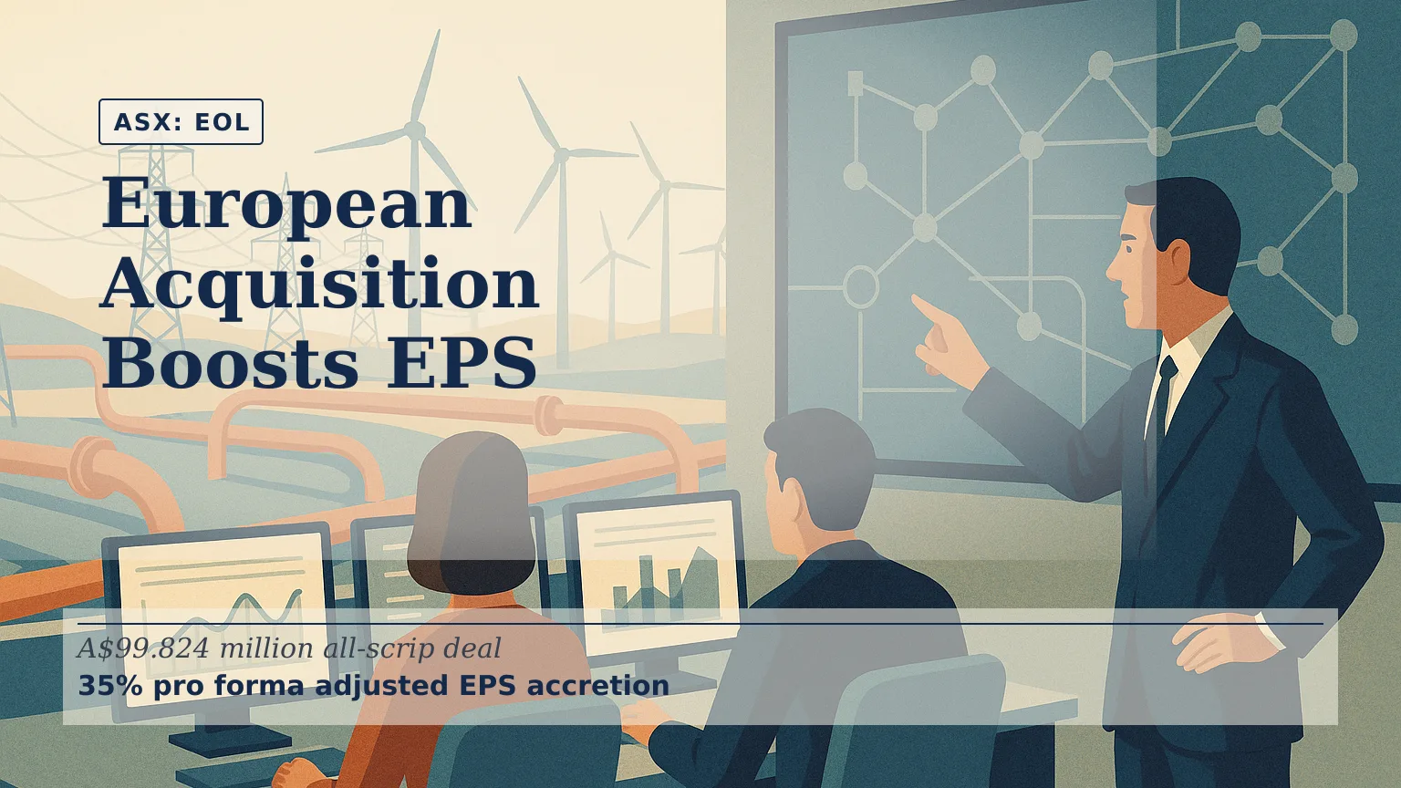 Illustration of a European energy control room overlooking a network of gas pipelines, power lines and wind turbines, with operators monitoring interconn…