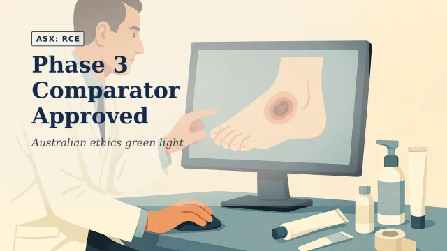 Illustration of a clinical research room showing a physician reviewing calibrated digital images of a diabetic foot wound beside neatly arranged topical…