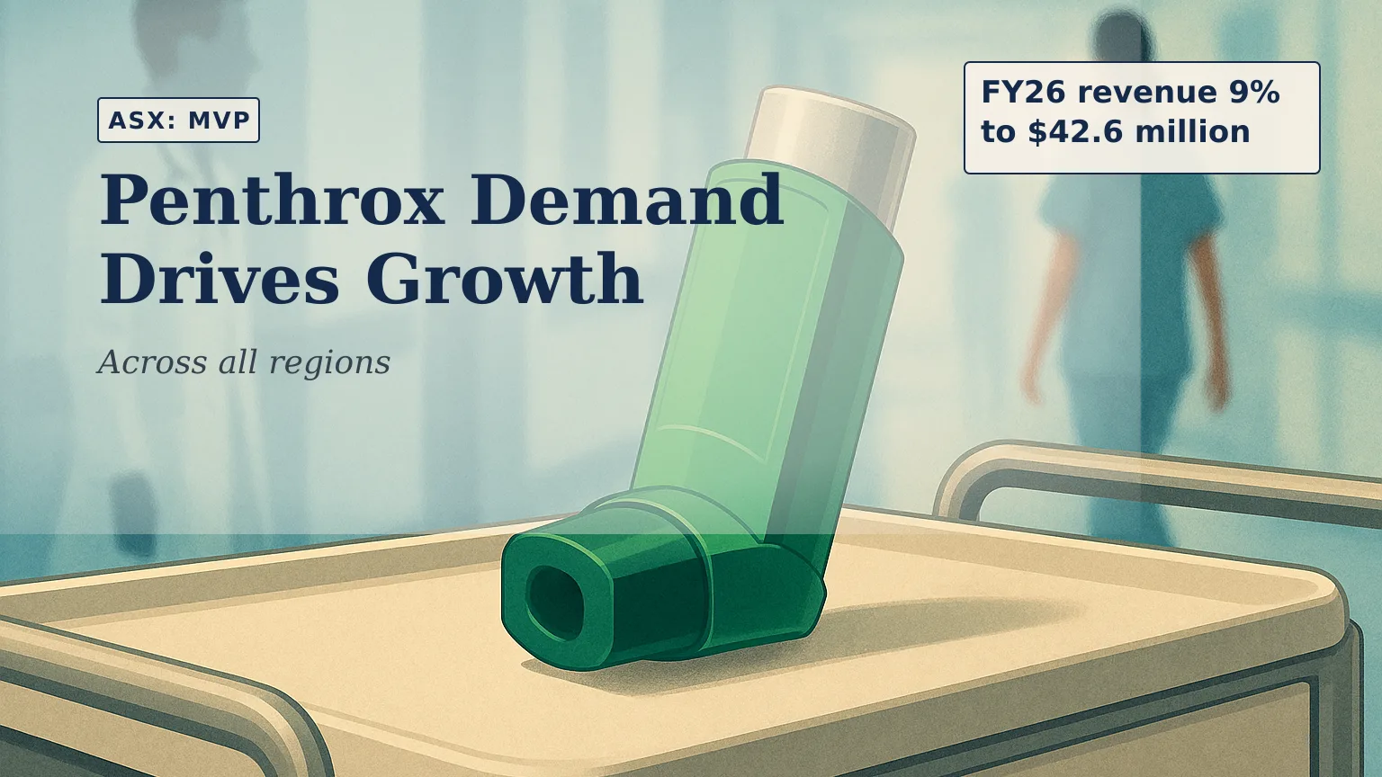 Illustration of a green handheld pain-relief inhaler in sharp focus on an emergency department treatment trolley, with clinicians moving through a softly…