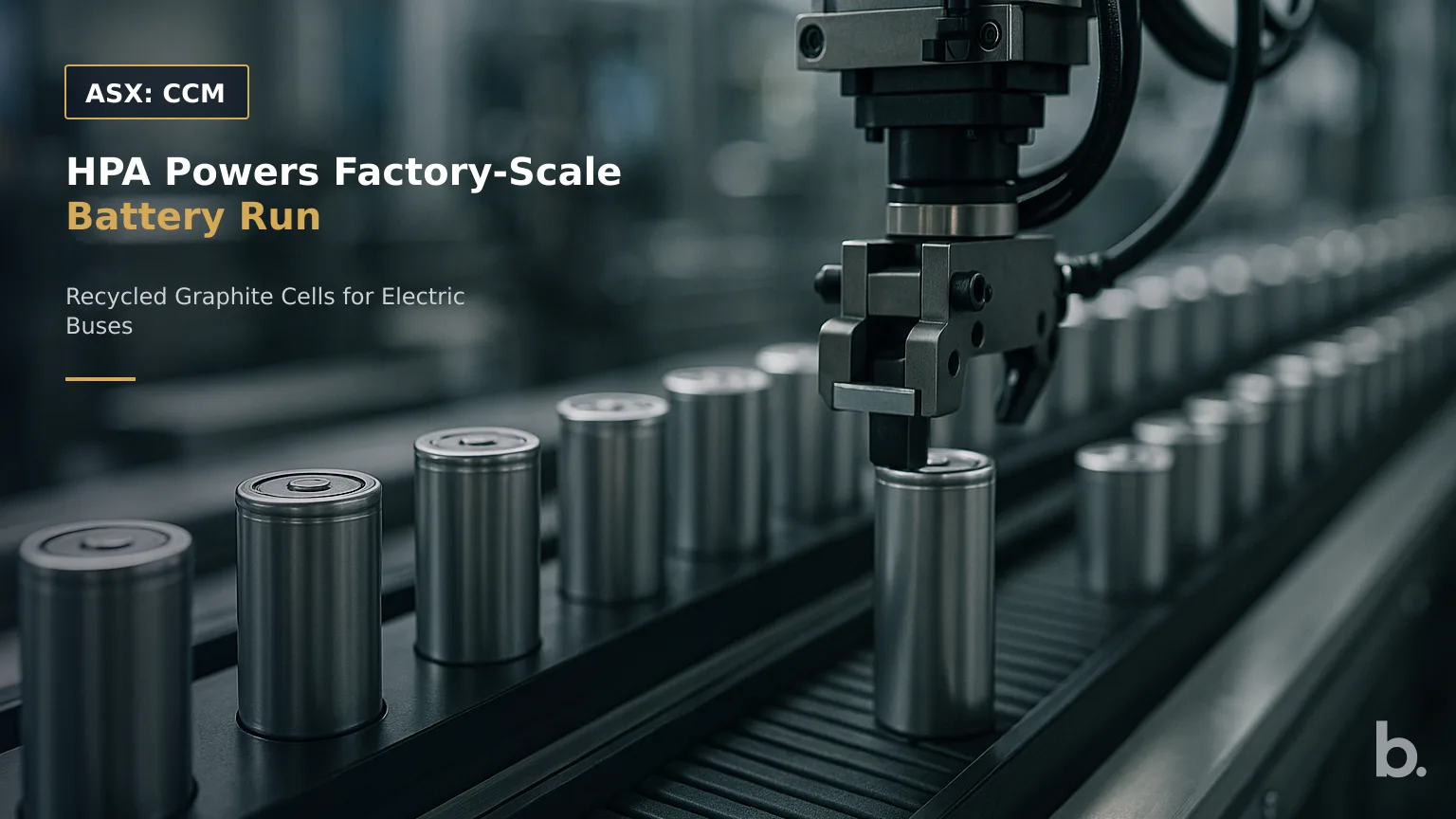 [ASX: CCM] CADOUX LIMITED a close-up of unbranded cylindrical lithium-ion cells moving through an automated battery manufacturing line, with robotic equipment handling