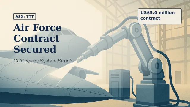 [ASX: TTT] TITOMIC LIMITED a robotic cold spray system operating on a metallic aircraft component inside a large, immaculate military maintenance hangar,
