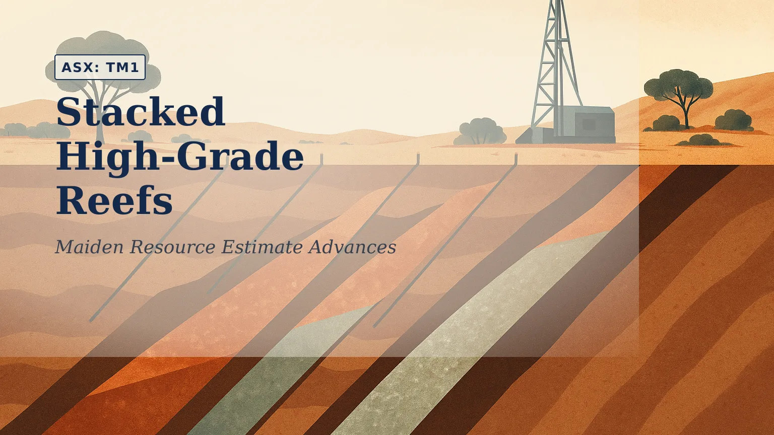 [ASX: TM1] TERRA METALS LIMITED a detailed geological cross-section beneath an arid Western Australian landscape, showing multiple sloping high-grade reefs intersected by