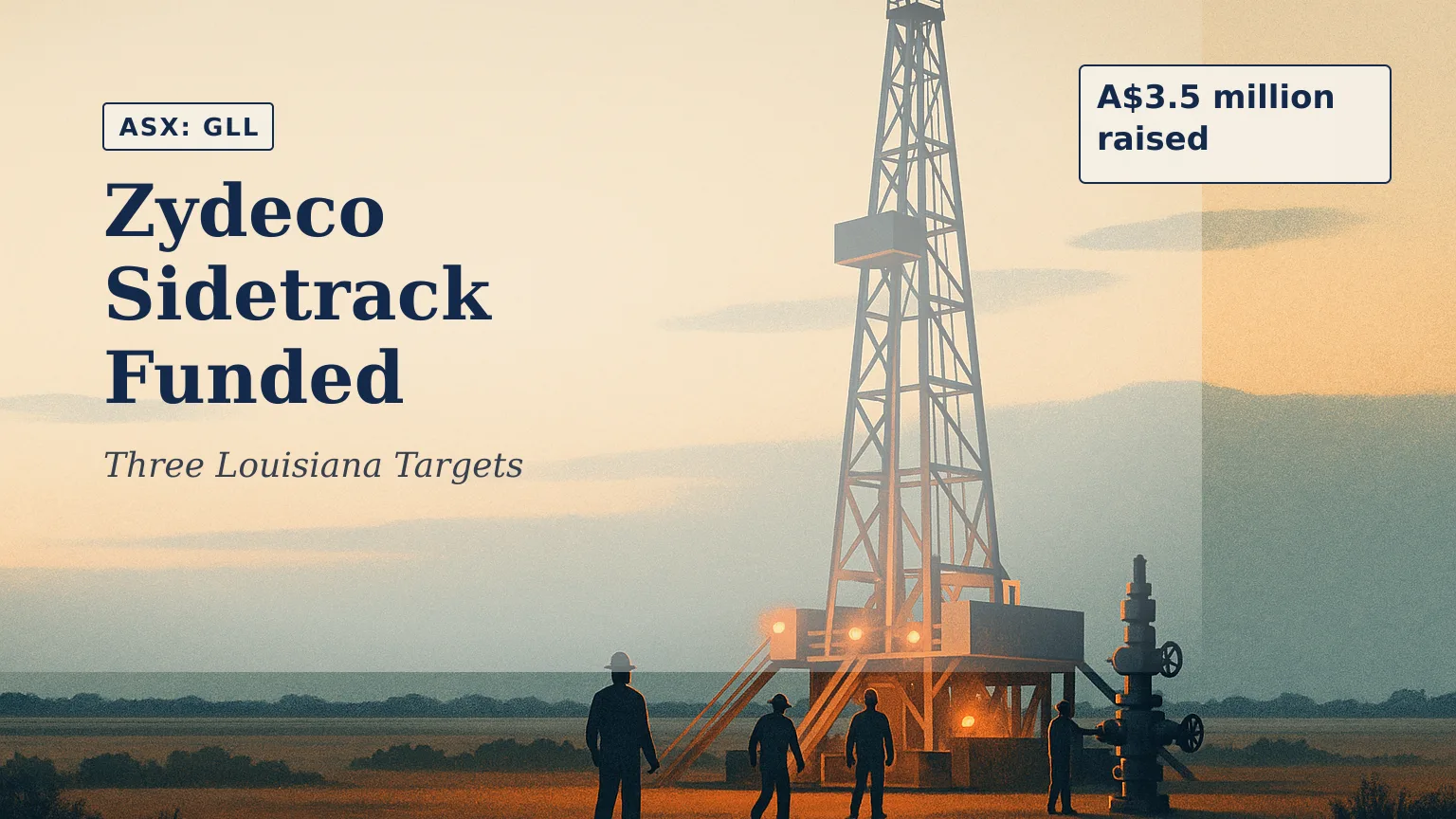 Illustration of a Louisiana drilling rig at dusk surrounded by flat Gulf Coast terrain, with workers and well-control equipment illuminated by warm indus…
