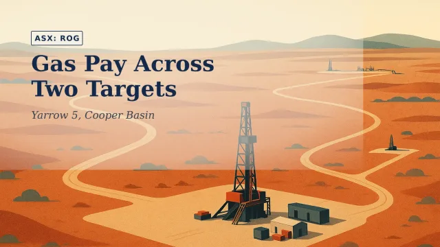 [ASX: ROG] RED SKY ENERGY LIMITED. a wide aerial view of a dual-well pad in the South Australian outback, with drilling equipment,