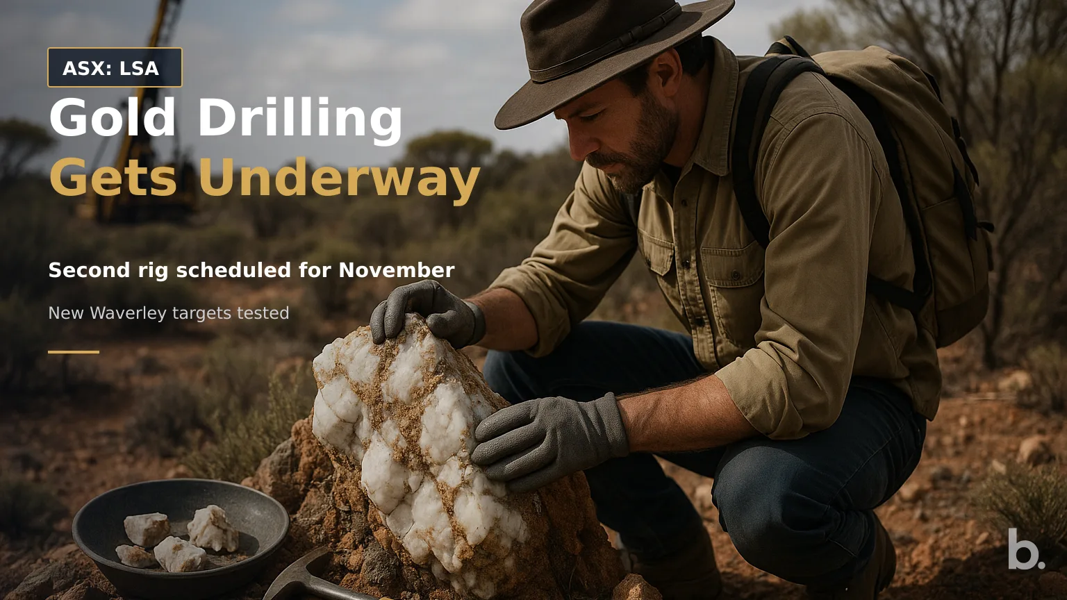 [ASX: LSA] LACHLAN STAR LIMITED a field geologist examining an exposed quartz reef in low scrub near Norseman, with rock-sampling equipment in