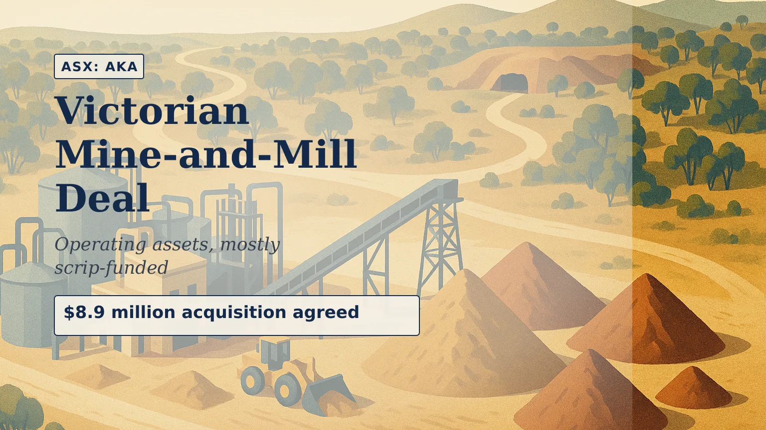 Illustration of an aerial view of a regional gold-processing facility surrounded by dry Victorian bushland, linked visually to a nearby underground mine…