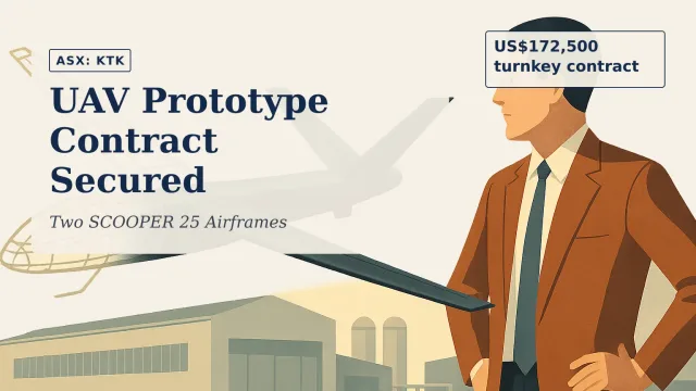 [ASX: KTK] KTEK AEROSYSTEMS LTD a split-scene technical illustration showing an unmanned aircraft transitioning from translucent engineering geometry into a finished carbon-composite