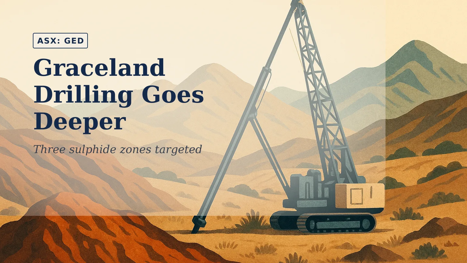 Illustration of a diamond drill rig operating on rugged Namibian hills, with exposed rust-red gossan in the foreground and arid mountain terrain stretchi…