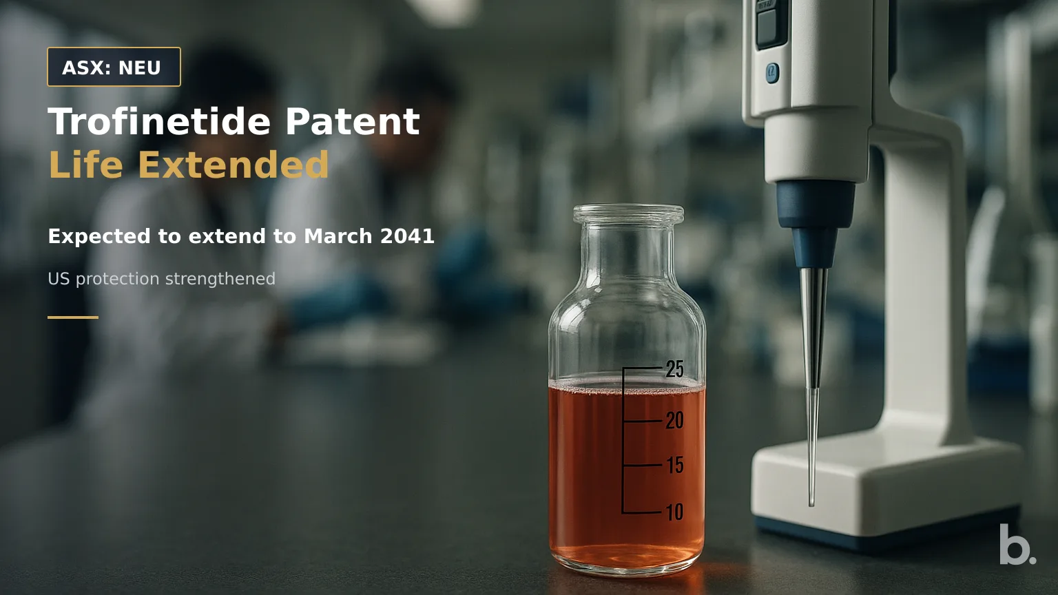 [ASX: NEU] NEUREN PHARMACEUTICALS LIMITED a close-up pharmaceutical laboratory scene showing measured oral liquid medication beside precision dispensing equipment, with researchers working