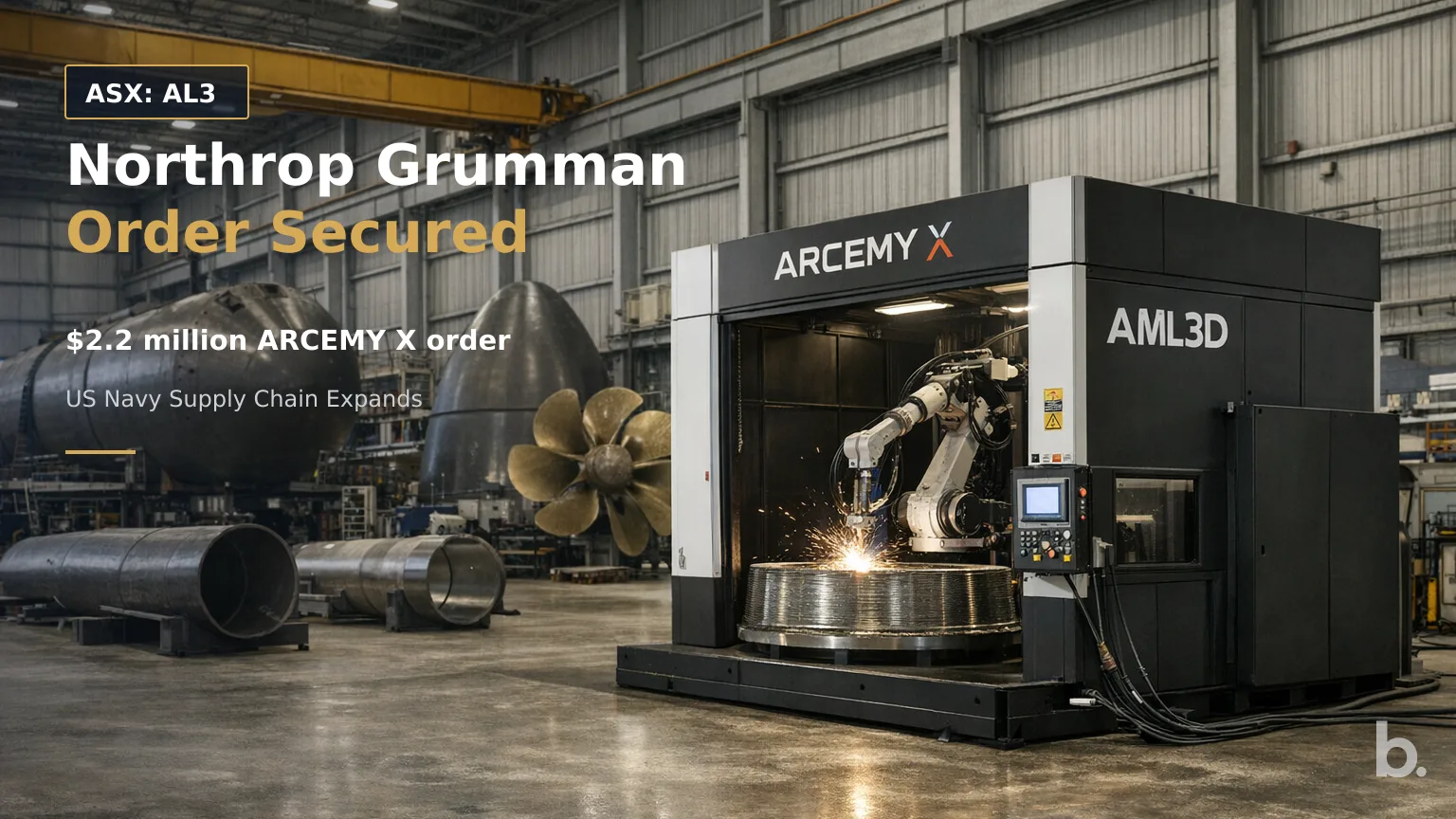 [ASX: AL3] AML3D LIMITED a wide interior view of a naval manufacturing facility featuring a large automated metal 3D printing cell in