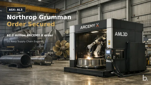 [ASX: AL3] AML3D LIMITED a wide interior view of a naval manufacturing facility featuring a large automated metal 3D printing cell in