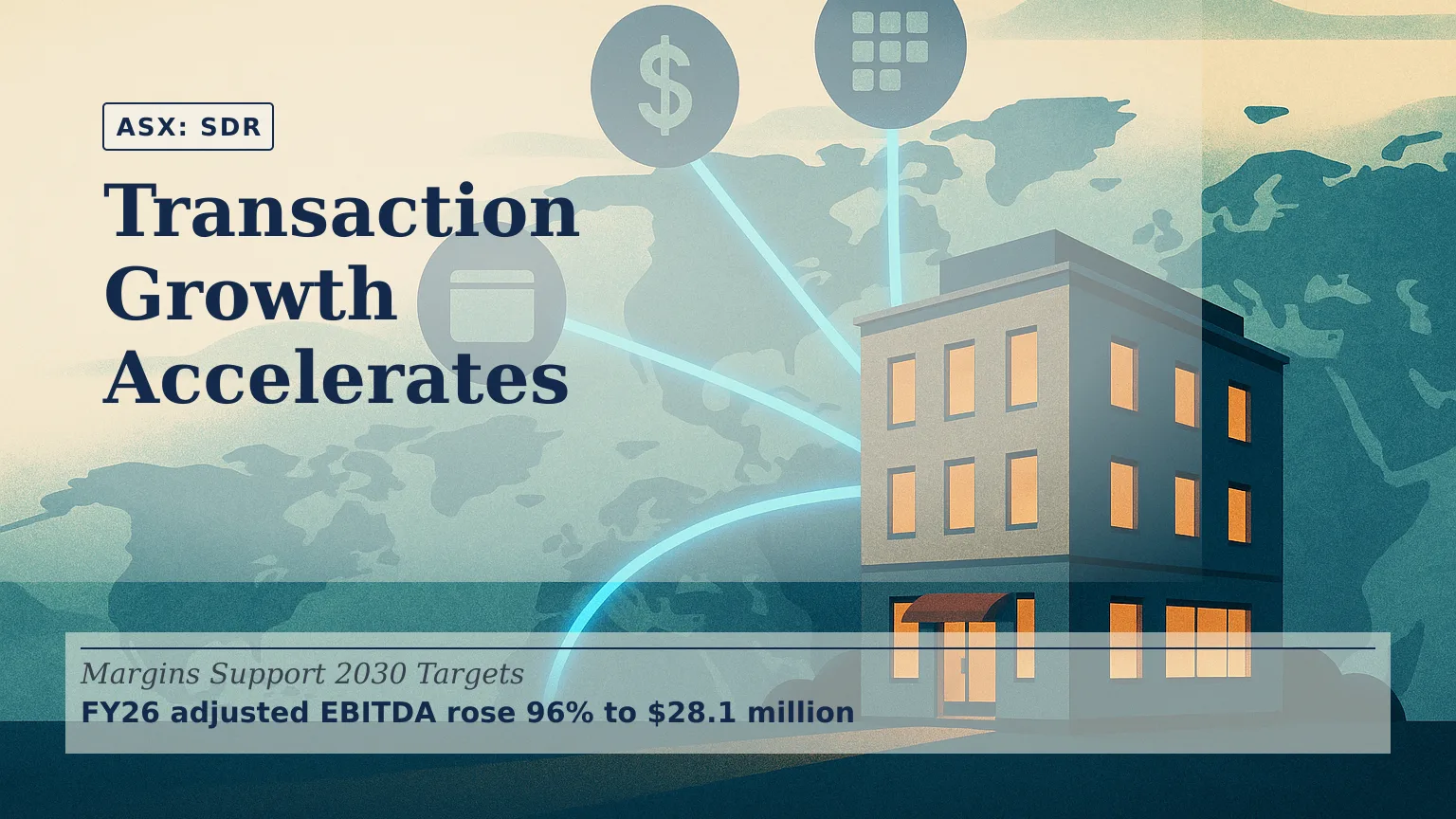 Illustration of a modern independent hotel at dusk connected by luminous blue pathways to booking, payment and distribution nodes across a stylised globa…
