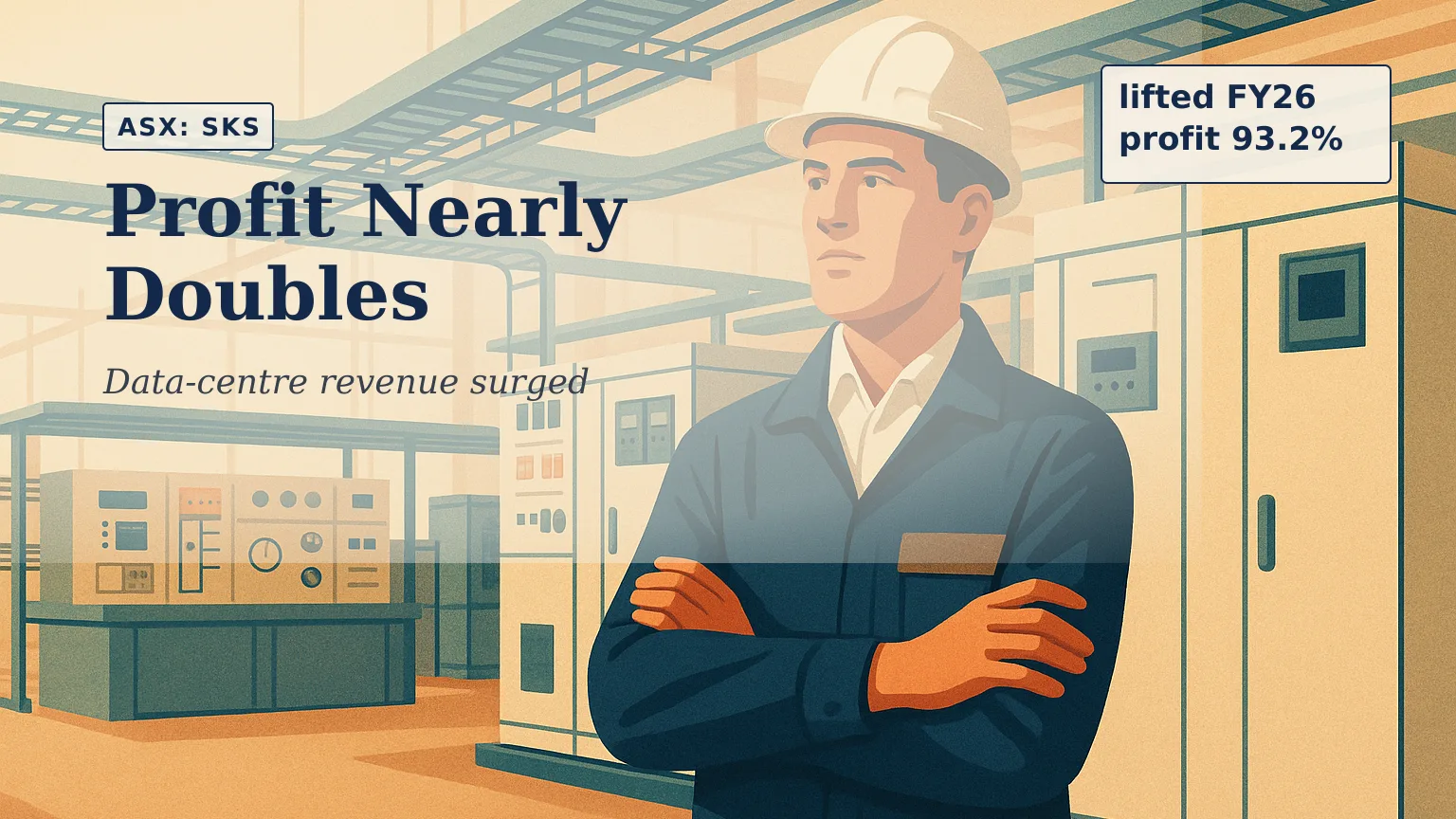 Illustration of an electrical engineer standing inside a large Melbourne project facility, surrounded by prefabricated switchgear assemblies, cable trays…