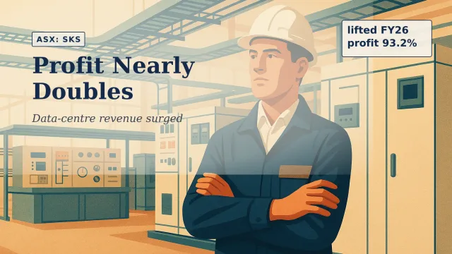 Illustration of an electrical engineer standing inside a large Melbourne project facility, surrounded by prefabricated switchgear assemblies, cable trays…