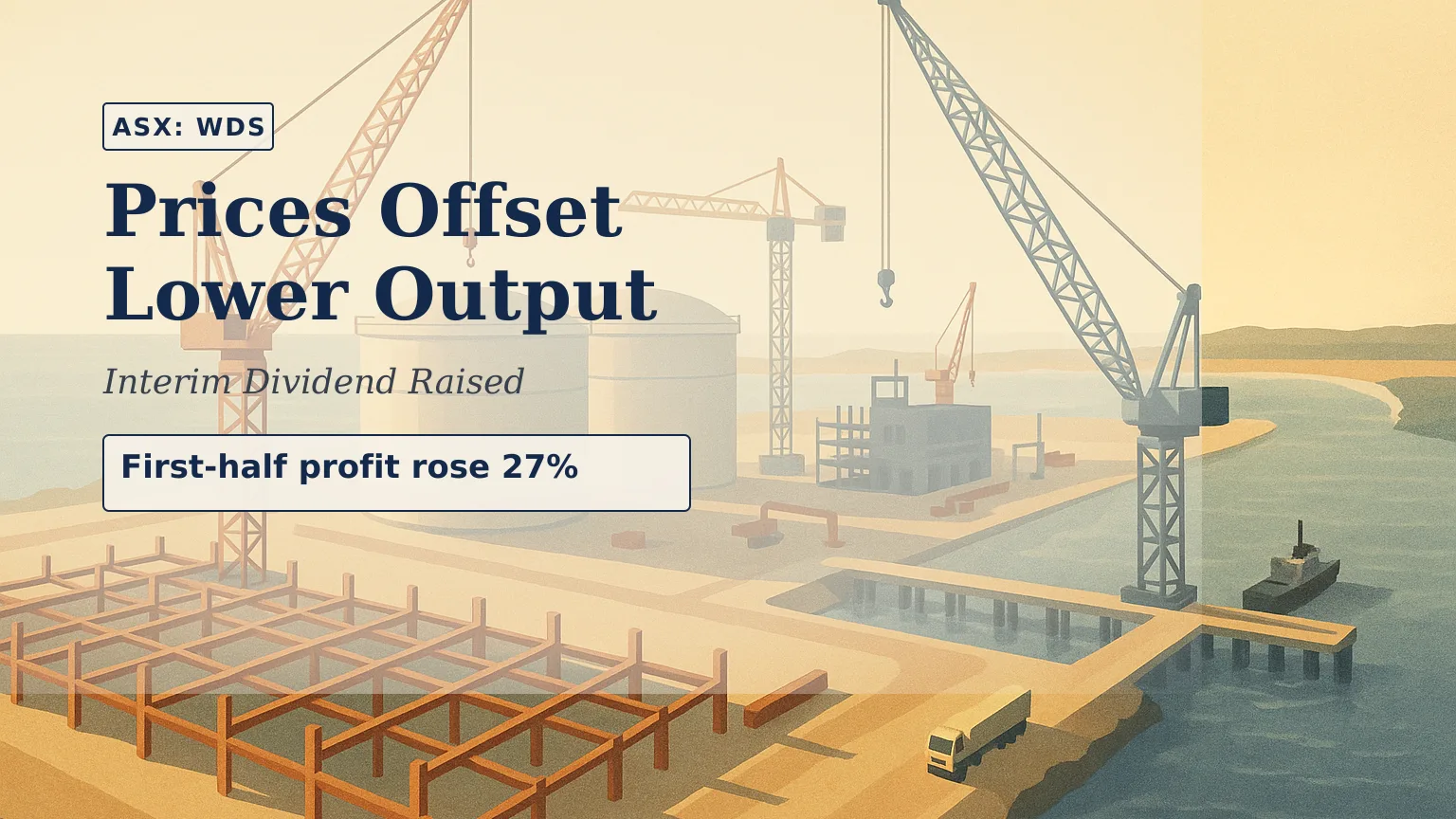 Illustration of an elevated view of a large energy construction site beside the Louisiana coastline, showing storage tanks, cranes, marine works and stru…