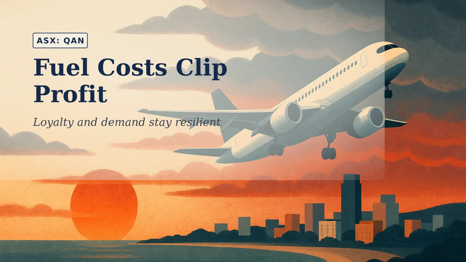 Illustration of a long-haul passenger aircraft climbing above an Australian coastal city at dawn, with a deep red sunrise and layered storm clouds sugges…