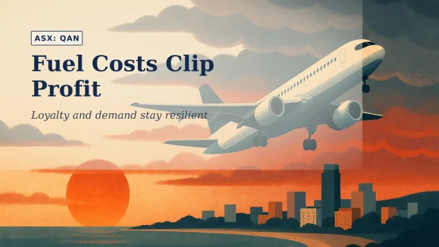 Illustration of a long-haul passenger aircraft climbing above an Australian coastal city at dawn, with a deep red sunrise and layered storm clouds sugges…