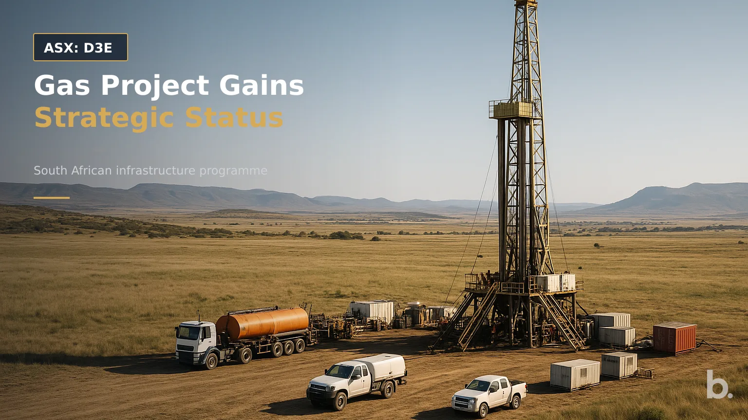 [ASX: D3E] D3 ENERGY LIMITED a wide view of a gas exploration site in South Africa’s Free State Province, with drilling equipment
