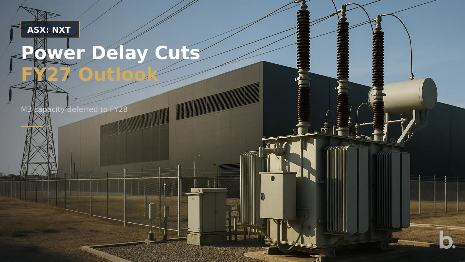 [ASX: NXT] NEXTDC LIMITED a close view of high-voltage electricity infrastructure beside a large data centre complex, with power lines, transformers and
