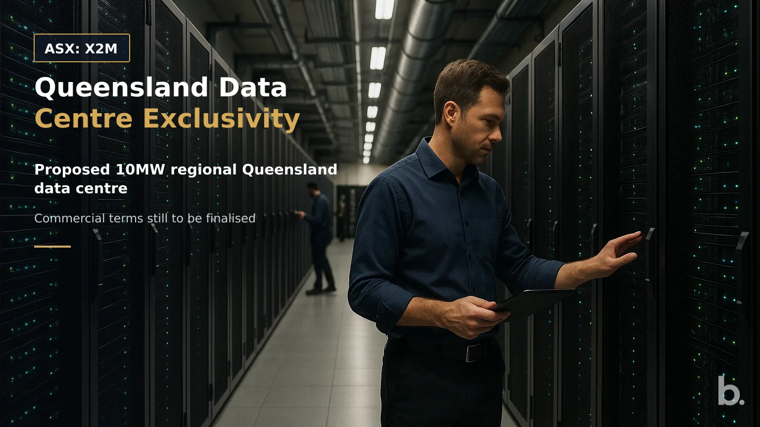[ASX: X2M] X2M CONNECT LIMITED an interior view along a high-density data centre aisle, with rows of GPU server racks, overhead cooling