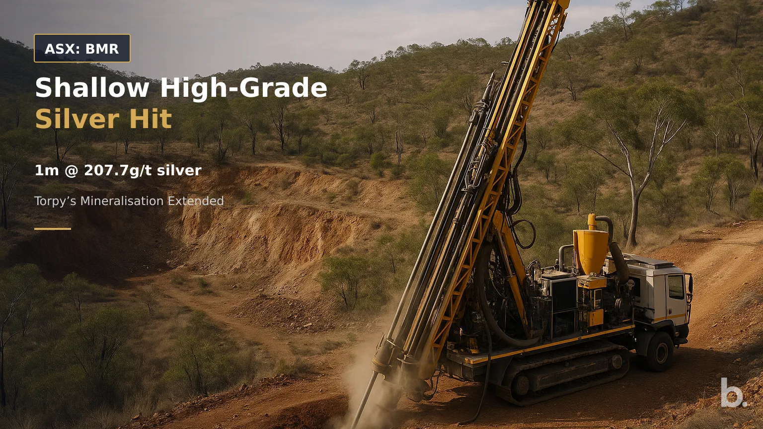 [ASX: BMR] BALLYMORE RESOURCES LIMITED a reverse-circulation drill rig operating beside the historic Torpy’s mine workings in rugged North Queensland bushland, framed